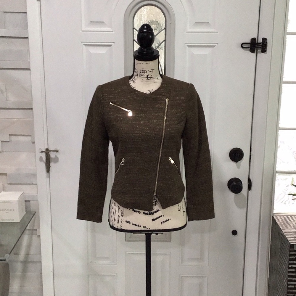 🆕H&M Olive Tweed Zip Front Top Blazer Long Sleeves Size S P2P 17”